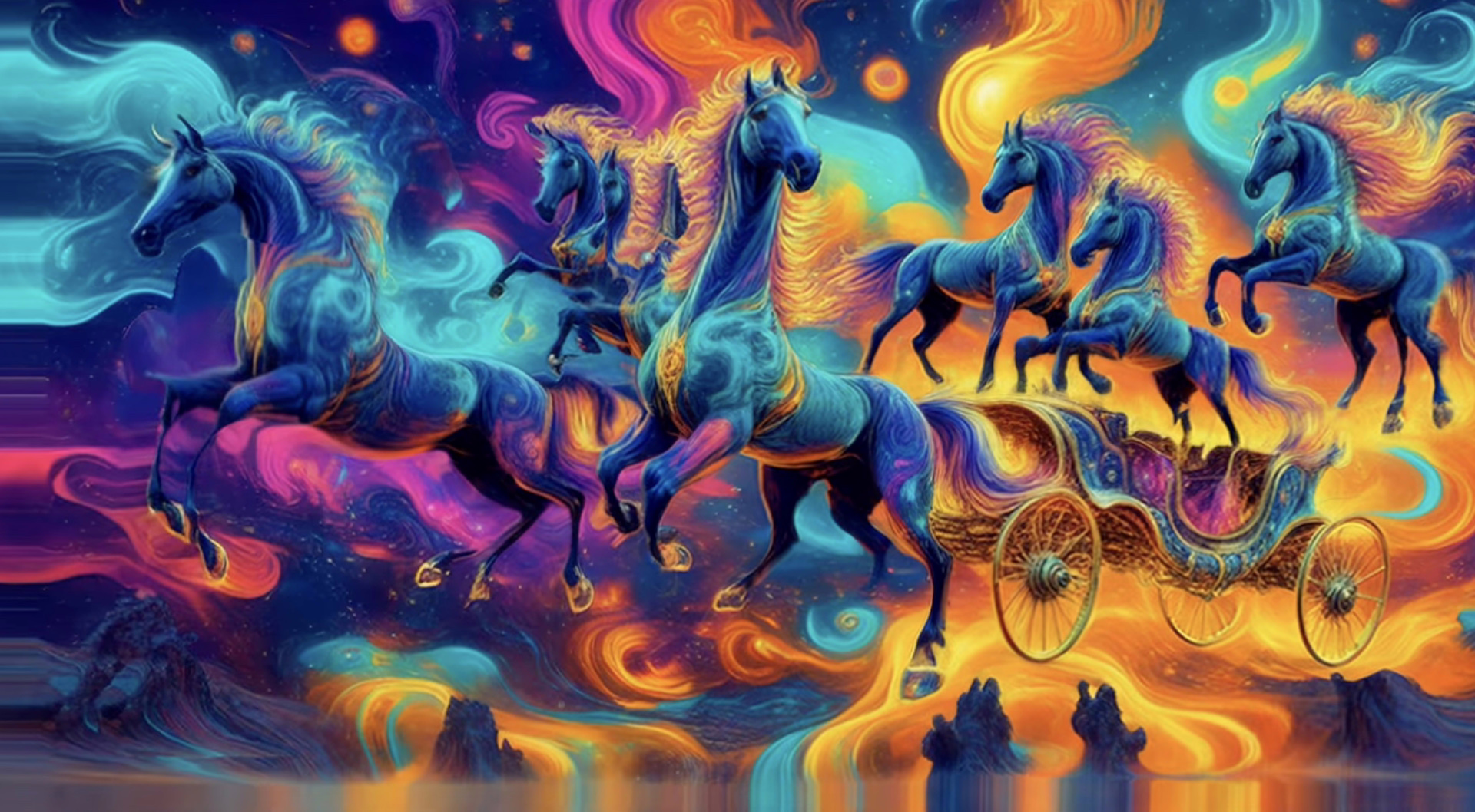 Flaming blue and teal horses pull a radiant chariot, the perfect aesthetic trippy background for tripping.